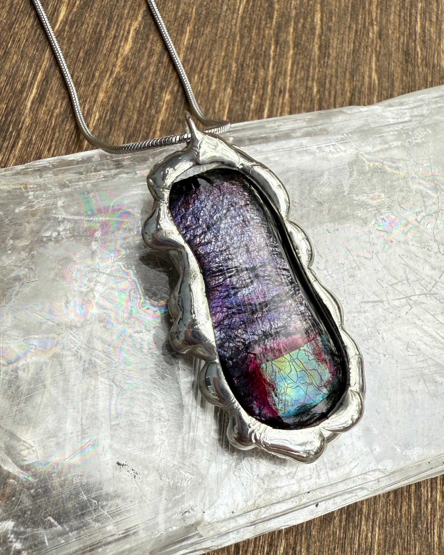 Purple Iridescent Fused Glass Pendant | Vaporwave Brutalist Handmade Wearable Art + Whimsigoth Fashion