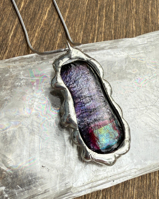 Purple Iridescent Fused Glass Pendant | Vaporwave Brutalist Handmade Wearable Art + Whimsigoth Fashion