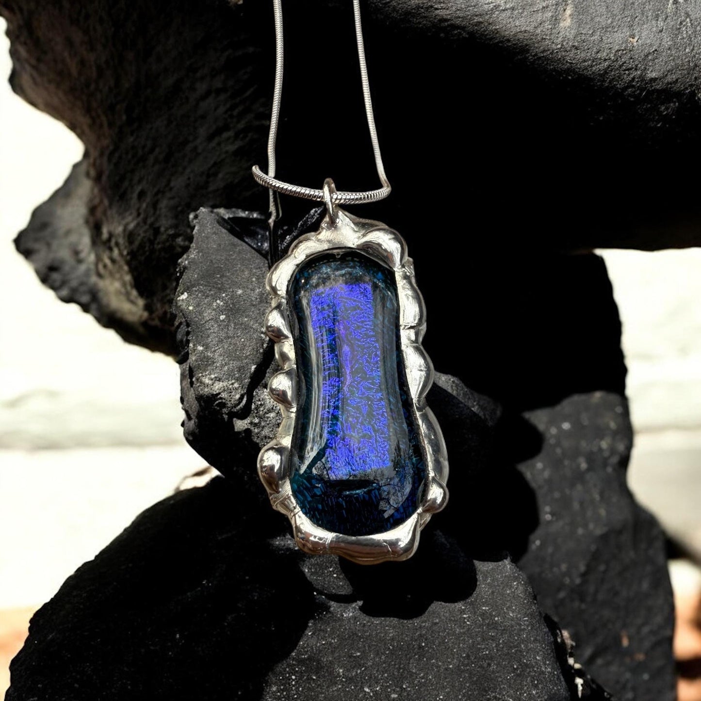 Cobalt Blue Iridescent Fused Glass Pendant | Vaporwave Brutalist Handmade Wearable Art + Whimsigoth Fashion