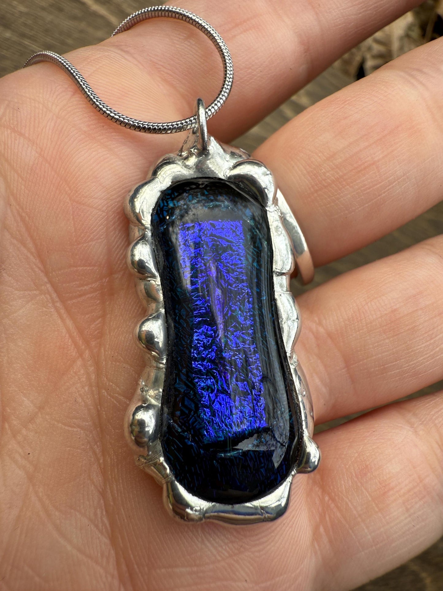 Cobalt Blue Iridescent Fused Glass Pendant | Vaporwave Brutalist Handmade Wearable Art + Whimsigoth Fashion