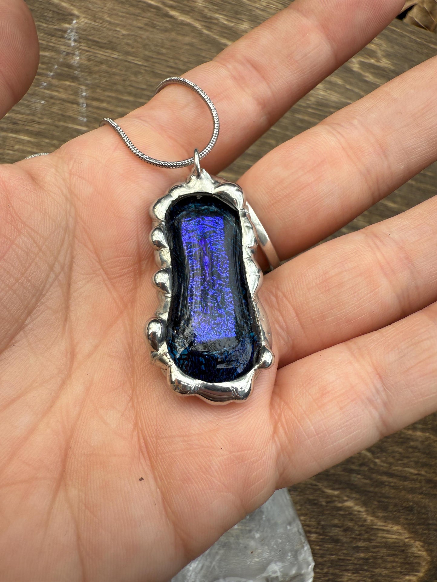 Cobalt Blue Iridescent Fused Glass Pendant | Vaporwave Brutalist Handmade Wearable Art + Whimsigoth Fashion