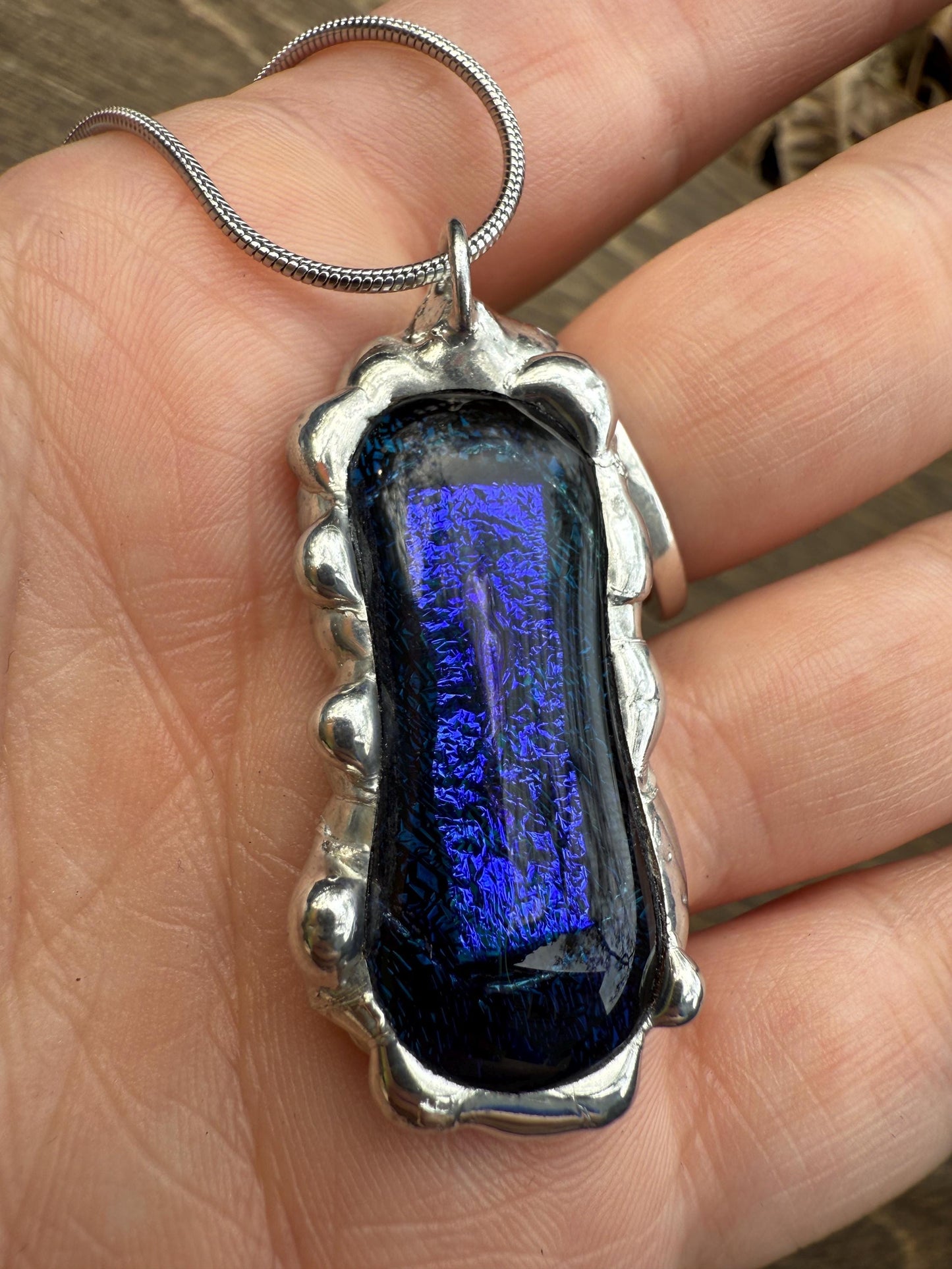Cobalt Blue Iridescent Fused Glass Pendant | Vaporwave Brutalist Handmade Wearable Art + Whimsigoth Fashion