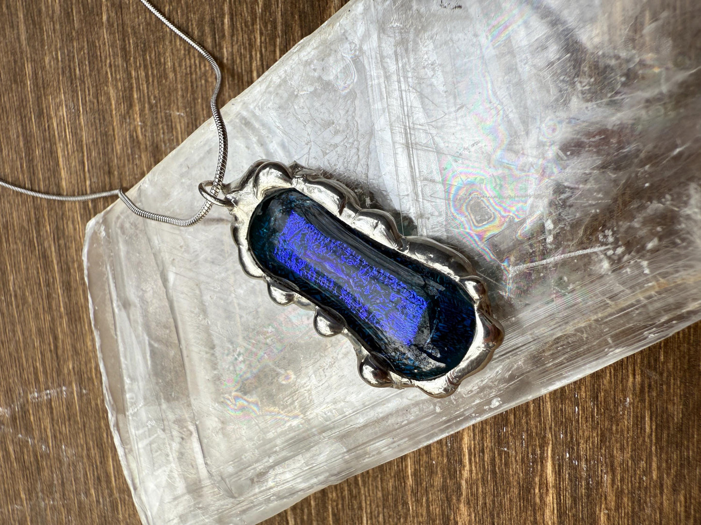 Cobalt Blue Iridescent Fused Glass Pendant | Vaporwave Brutalist Handmade Wearable Art + Whimsigoth Fashion
