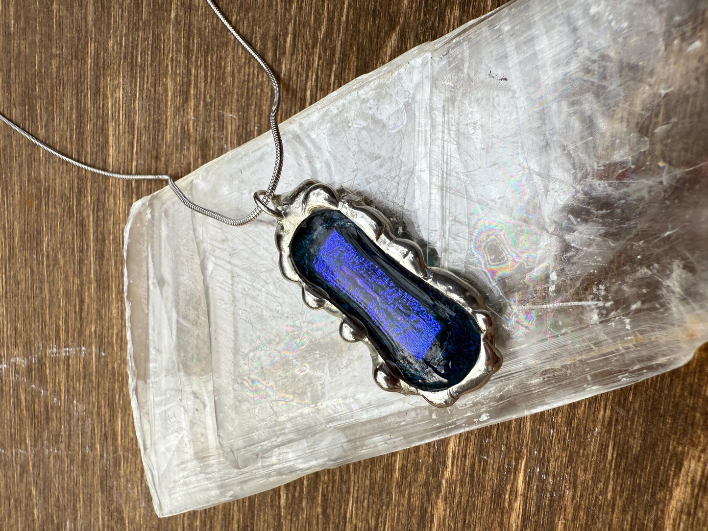 Cobalt Blue Iridescent Fused Glass Pendant | Vaporwave Brutalist Handmade Wearable Art + Whimsigoth Fashion
