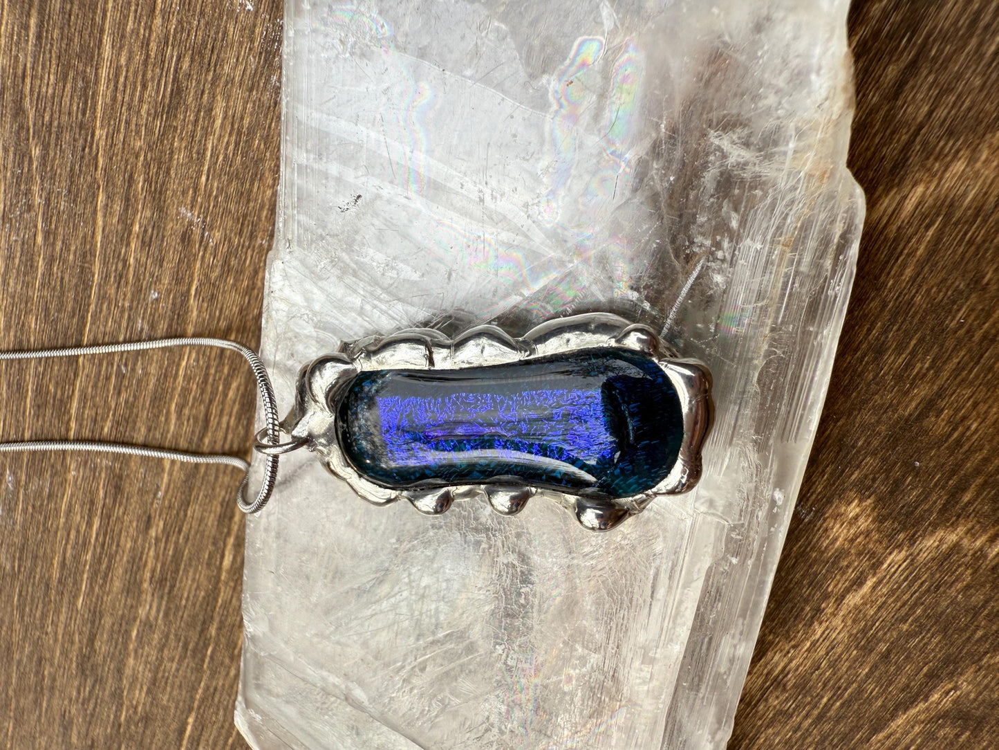 Cobalt Blue Iridescent Fused Glass Pendant | Vaporwave Brutalist Handmade Wearable Art + Whimsigoth Fashion