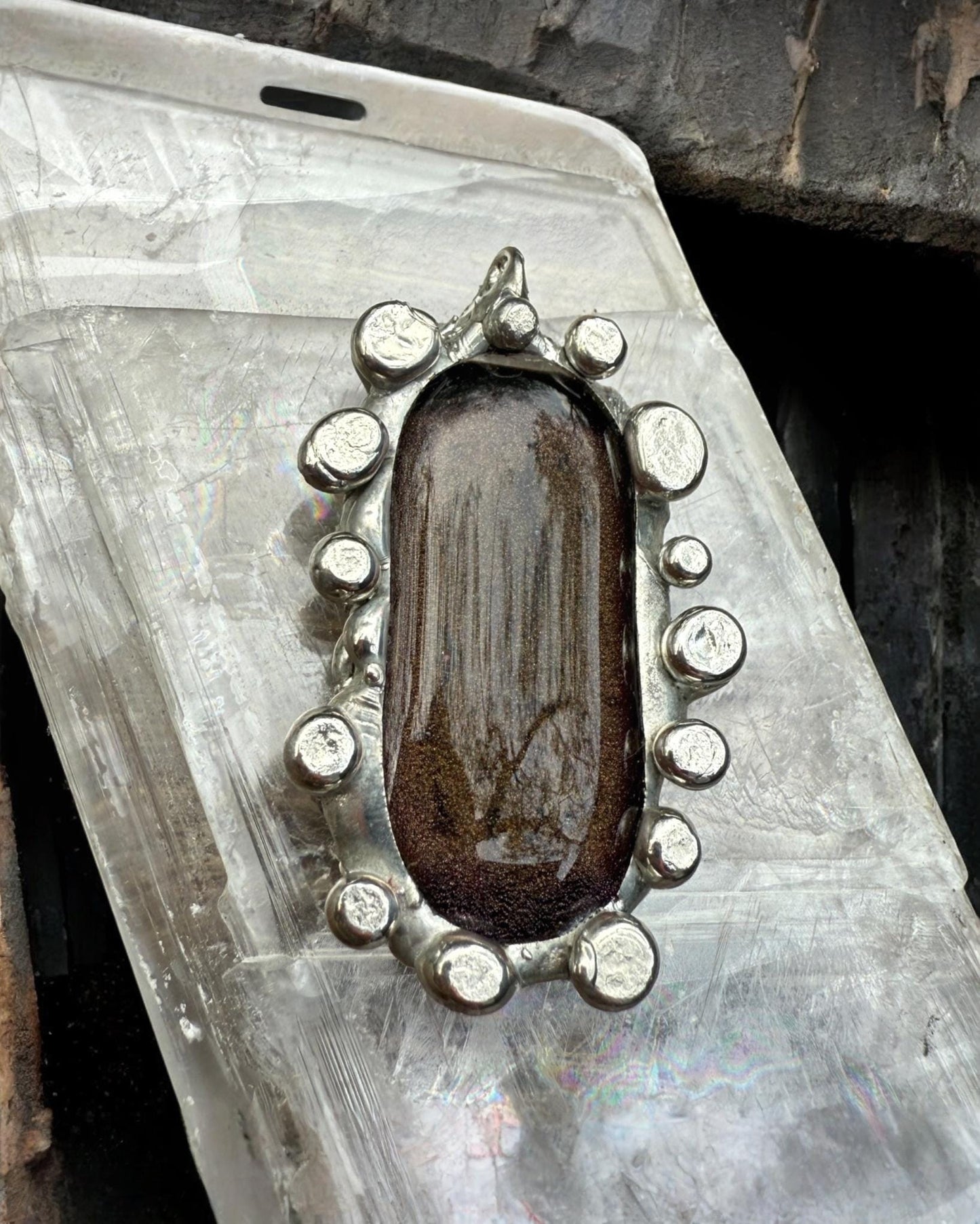 Bronze Gold Iridescent Fused Glass Pendant | Cyber Brutalist Handmade Wearable Art + Whimsigoth Fashion