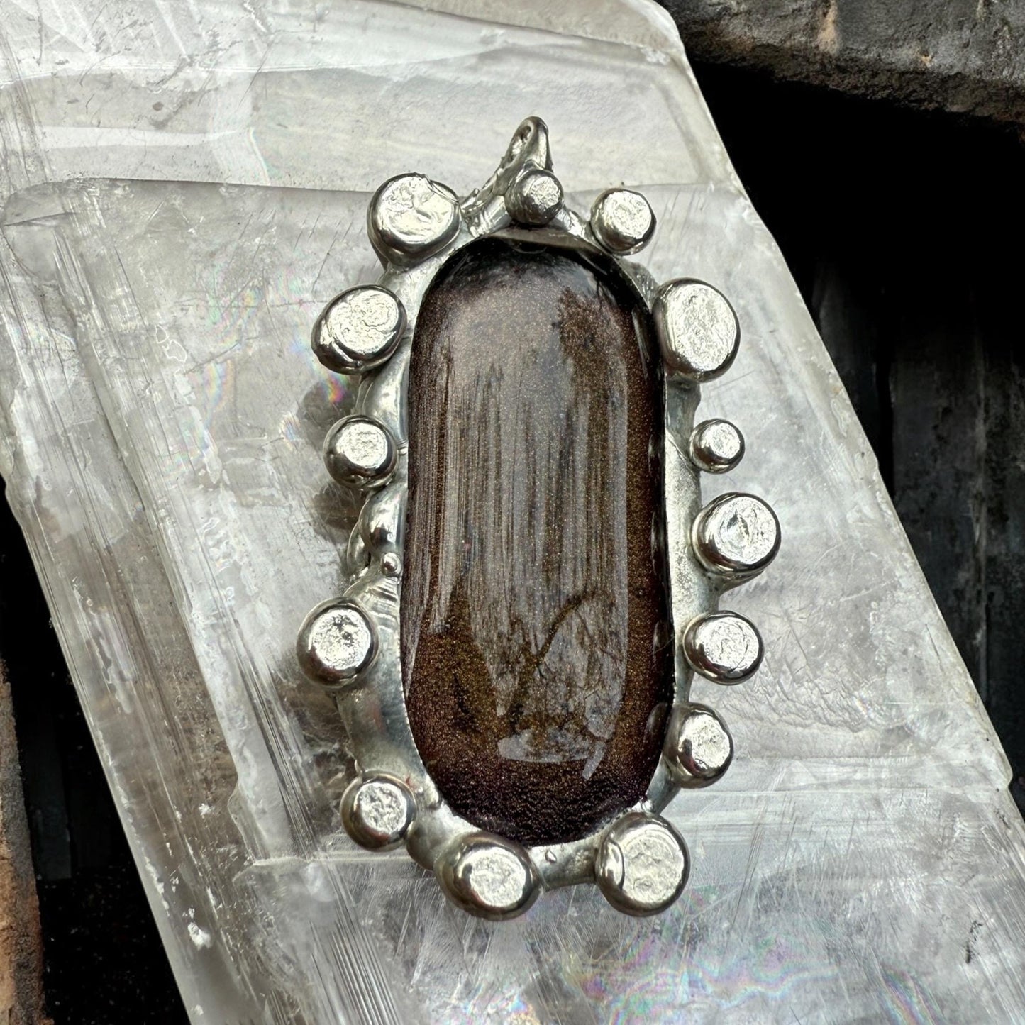 Bronze Gold Iridescent Fused Glass Pendant | Cyber Brutalist Handmade Wearable Art + Whimsigoth Fashion