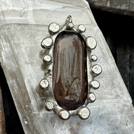 Bronze Gold Iridescent Fused Glass Pendant | Cyber Brutalist Handmade Wearable Art + Whimsigoth Fashion