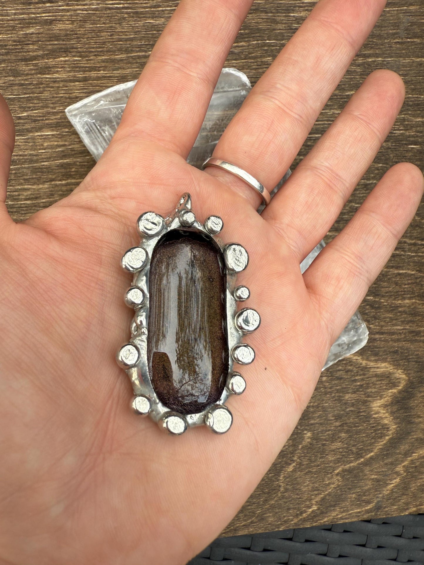 Bronze Gold Iridescent Fused Glass Pendant | Cyber Brutalist Handmade Wearable Art + Whimsigoth Fashion