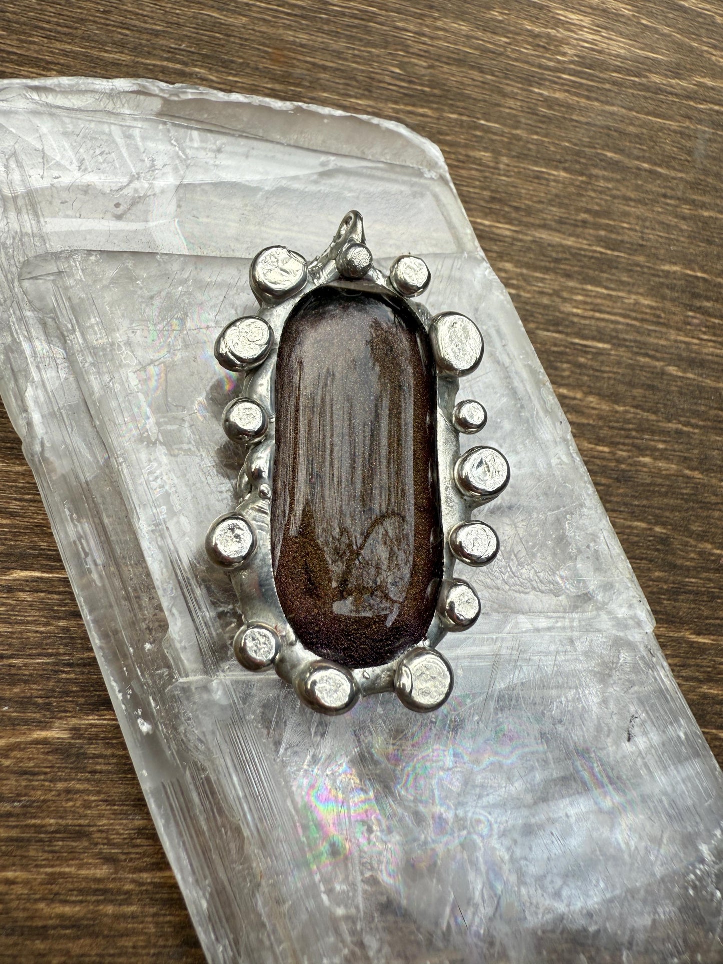 Bronze Gold Iridescent Fused Glass Pendant | Cyber Brutalist Handmade Wearable Art + Whimsigoth Fashion