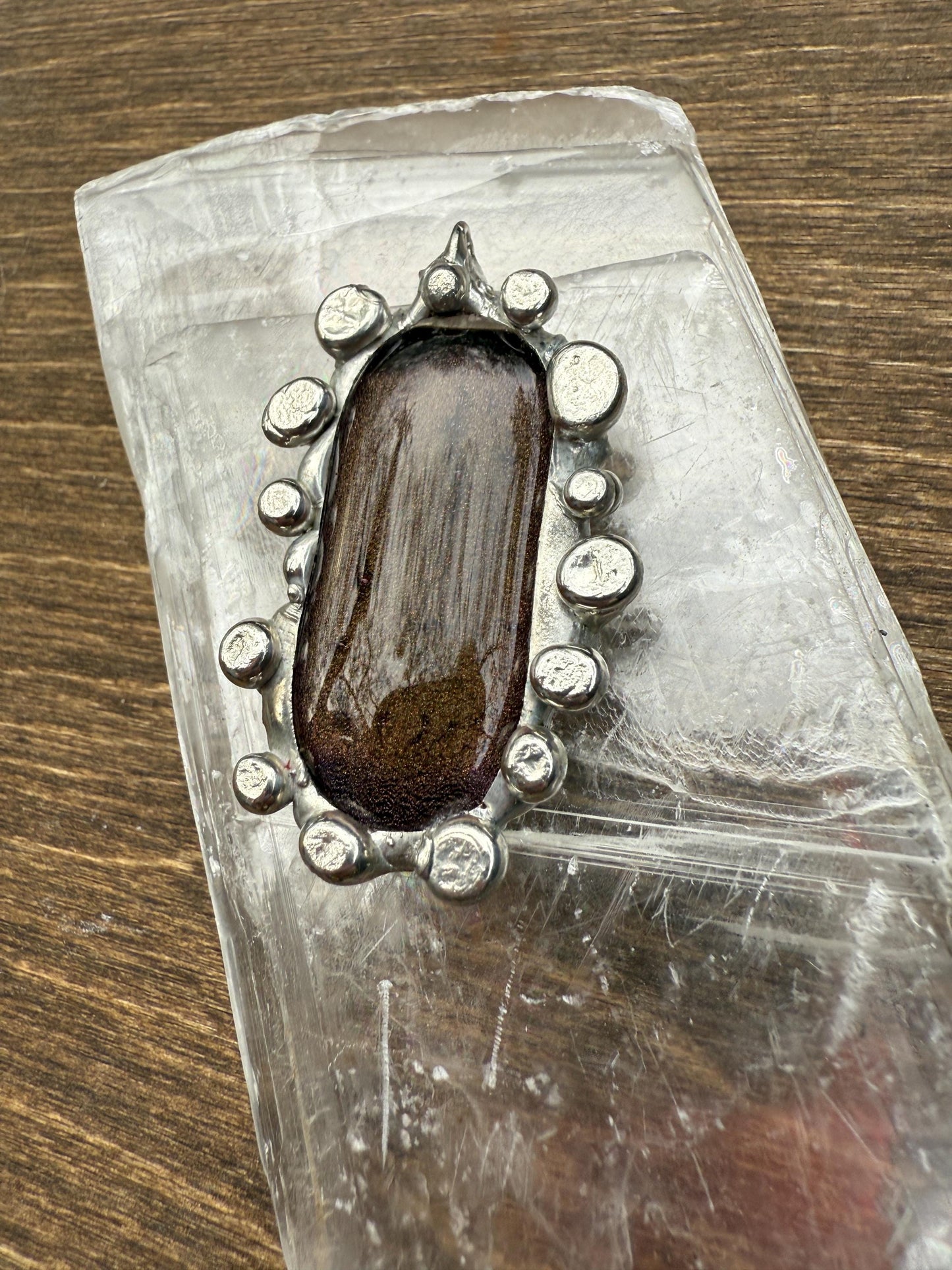 Bronze Gold Iridescent Fused Glass Pendant | Cyber Brutalist Handmade Wearable Art + Whimsigoth Fashion