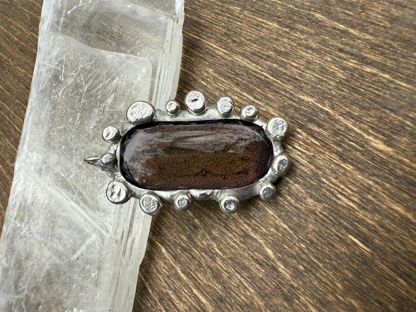 Bronze Gold Iridescent Fused Glass Pendant | Cyber Brutalist Handmade Wearable Art + Whimsigoth Fashion