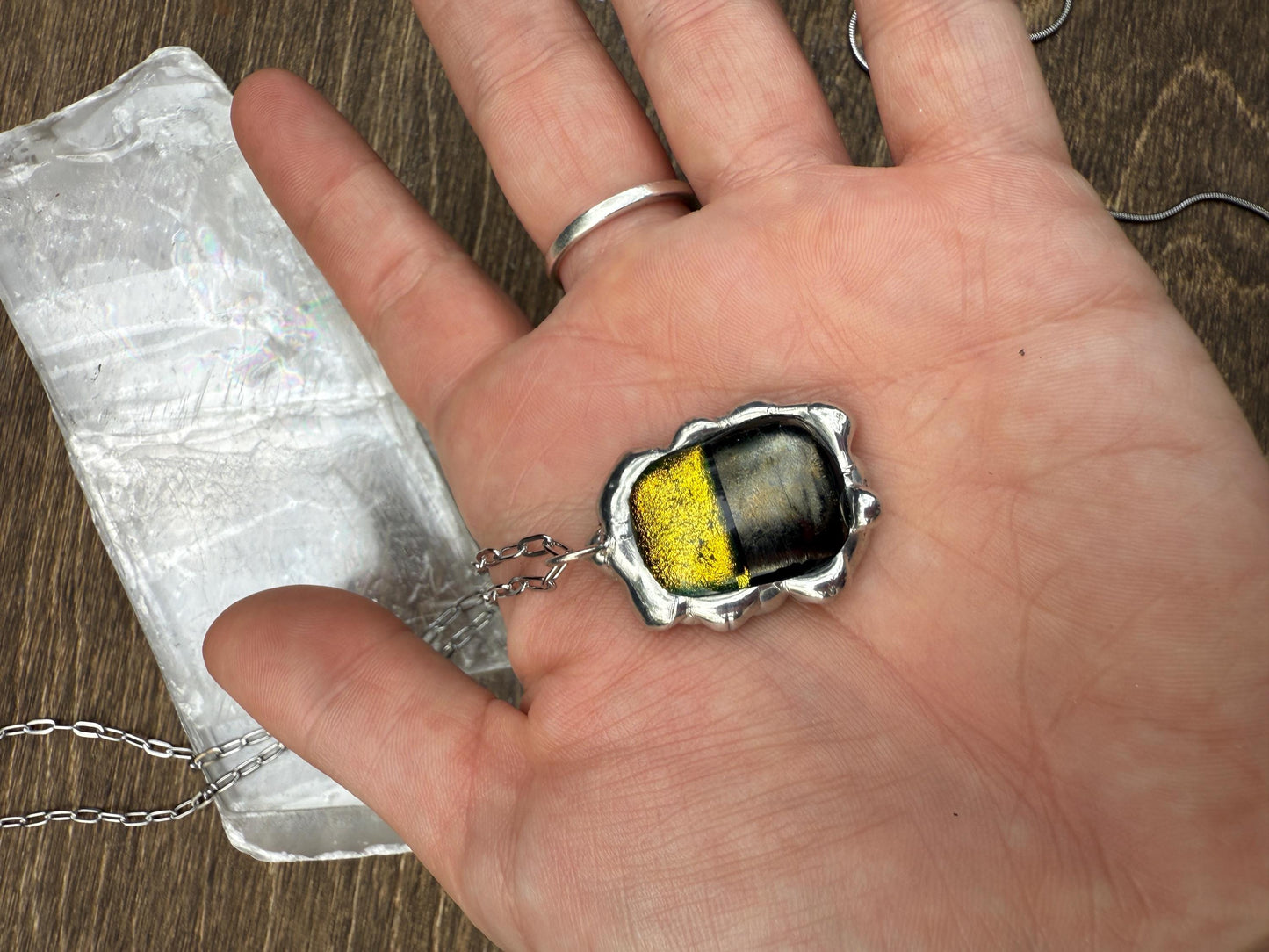 Neon Yellow Iridescent Fused Glass Pendant | Cyber Brutalist Handmade Wearable Art + Whimsigoth Fashion