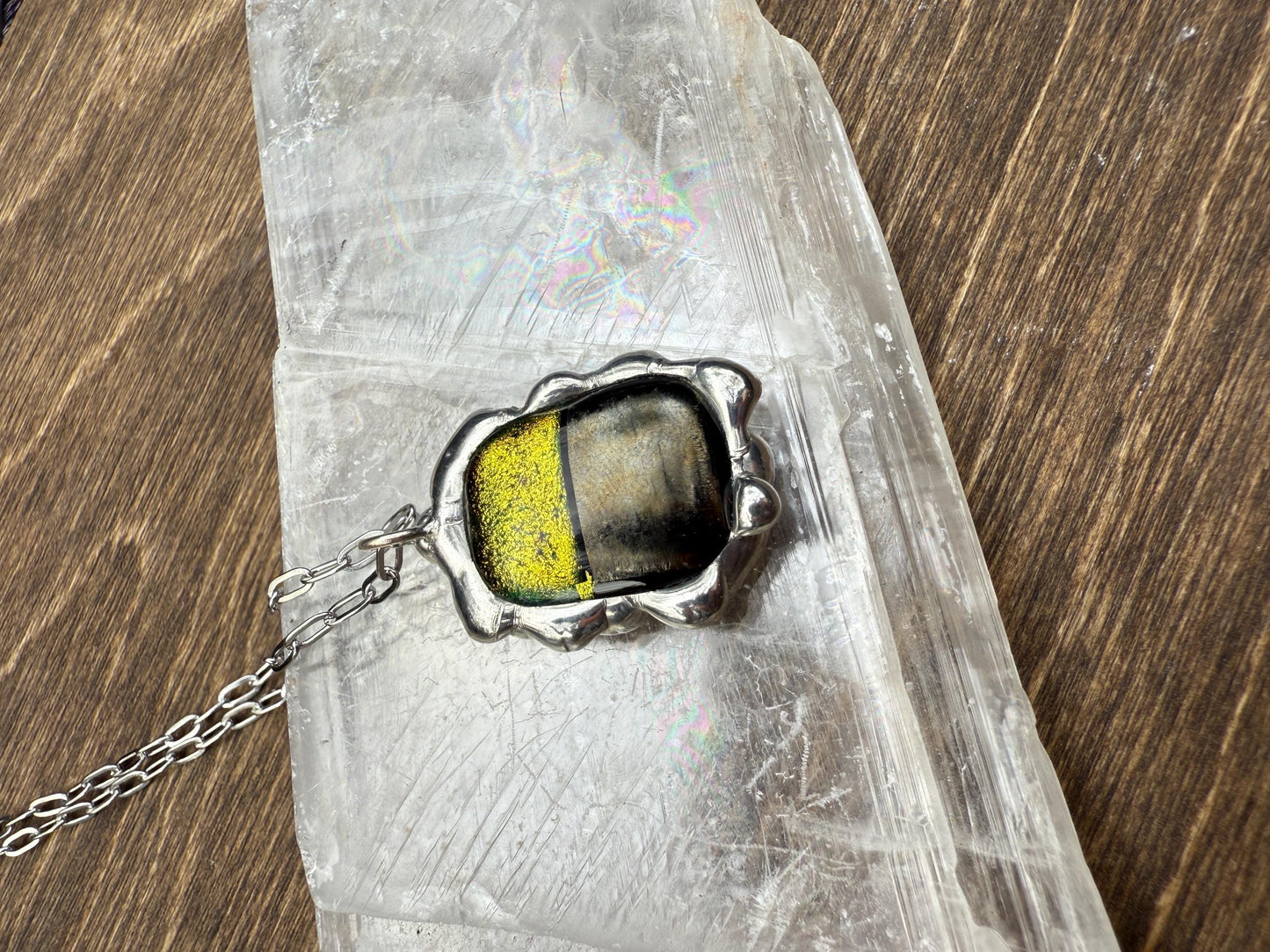 Neon Yellow Iridescent Fused Glass Pendant | Cyber Brutalist Handmade Wearable Art + Whimsigoth Fashion