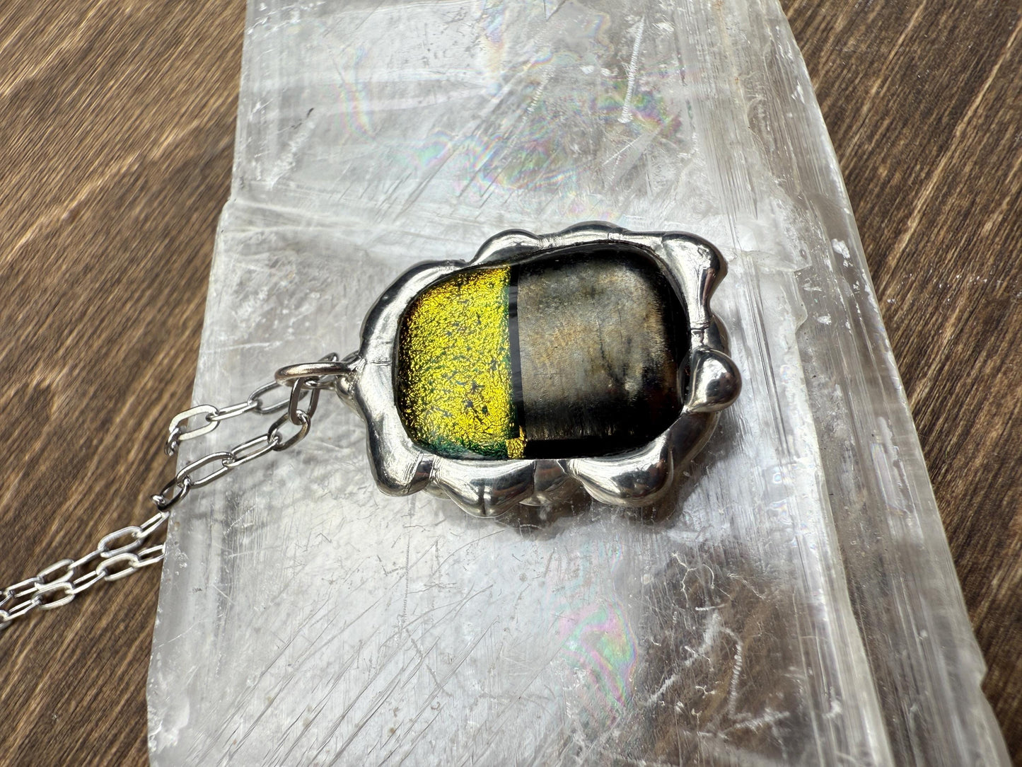 Neon Yellow Iridescent Fused Glass Pendant | Cyber Brutalist Handmade Wearable Art + Whimsigoth Fashion
