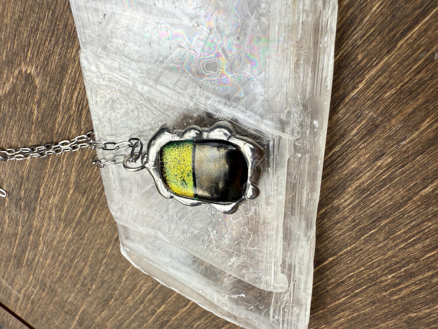 Neon Yellow Iridescent Fused Glass Pendant | Cyber Brutalist Handmade Wearable Art + Whimsigoth Fashion