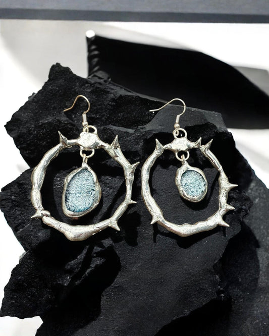 Spikey Silver Hoop Earrings w/ Gray Fused Glass | Goth Gemstone Soft Soldered Wearable Sculptures