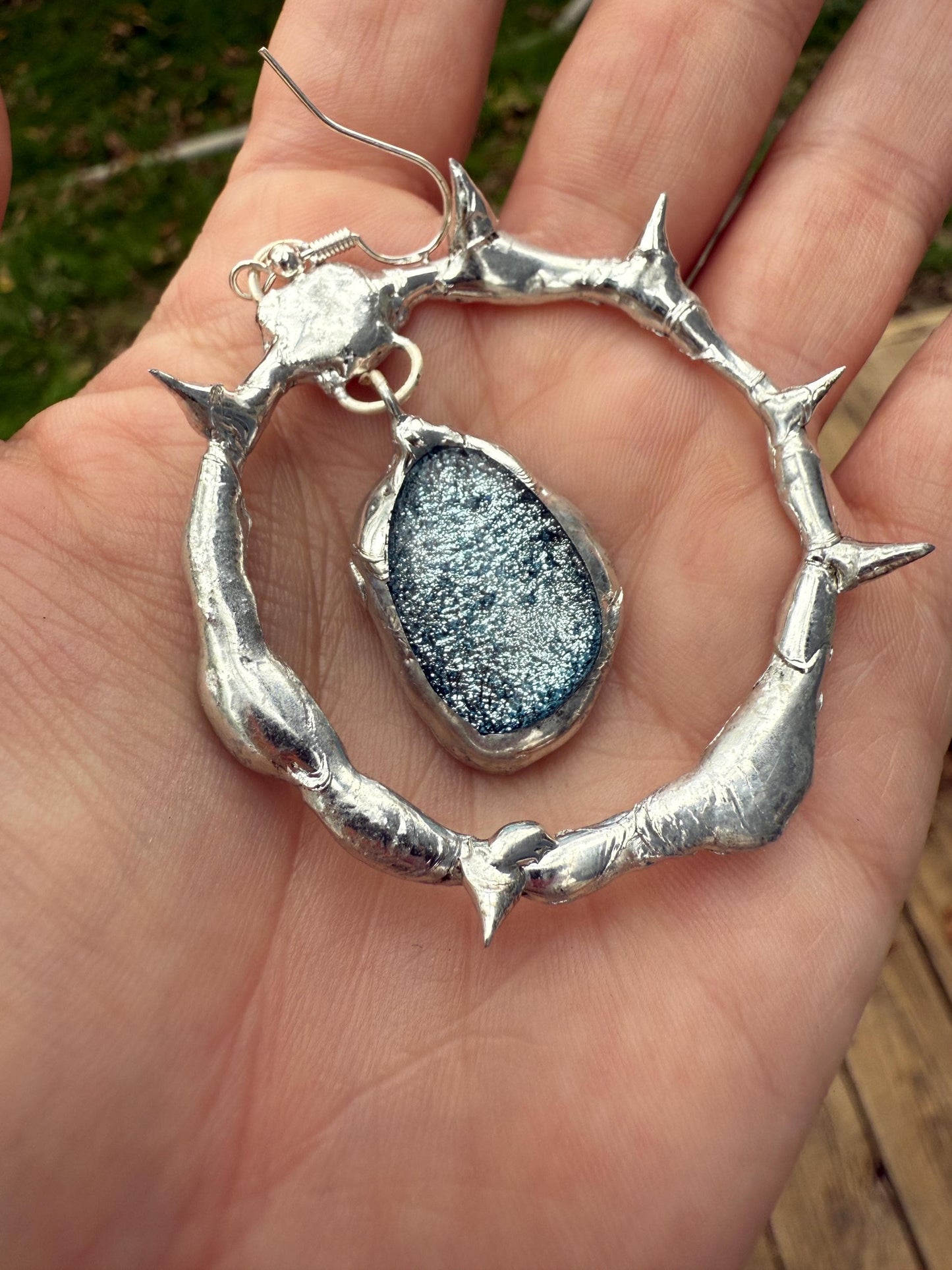 Spikey Silver Hoop Earrings w/ Gray Fused Glass | Goth Gemstone Soft Soldered Wearable Sculptures