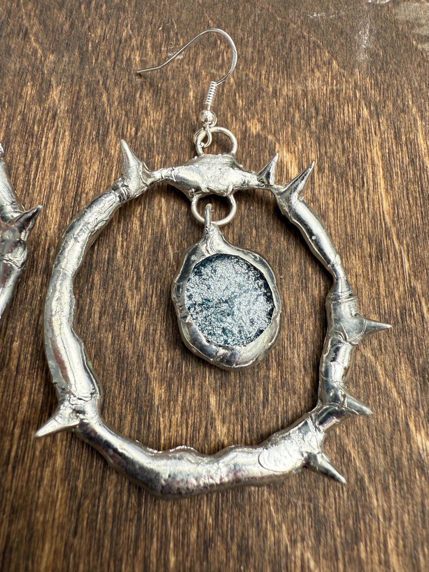 Spikey Silver Hoop Earrings w/ Gray Fused Glass | Goth Gemstone Soft Soldered Wearable Sculptures