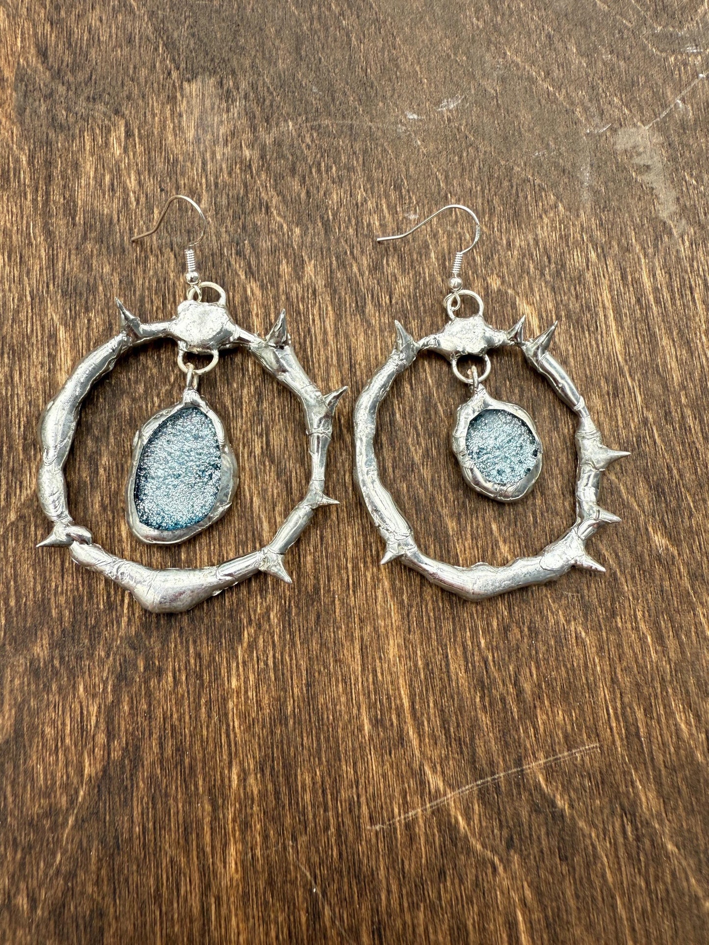 Spikey Silver Hoop Earrings w/ Gray Fused Glass | Goth Gemstone Soft Soldered Wearable Sculptures
