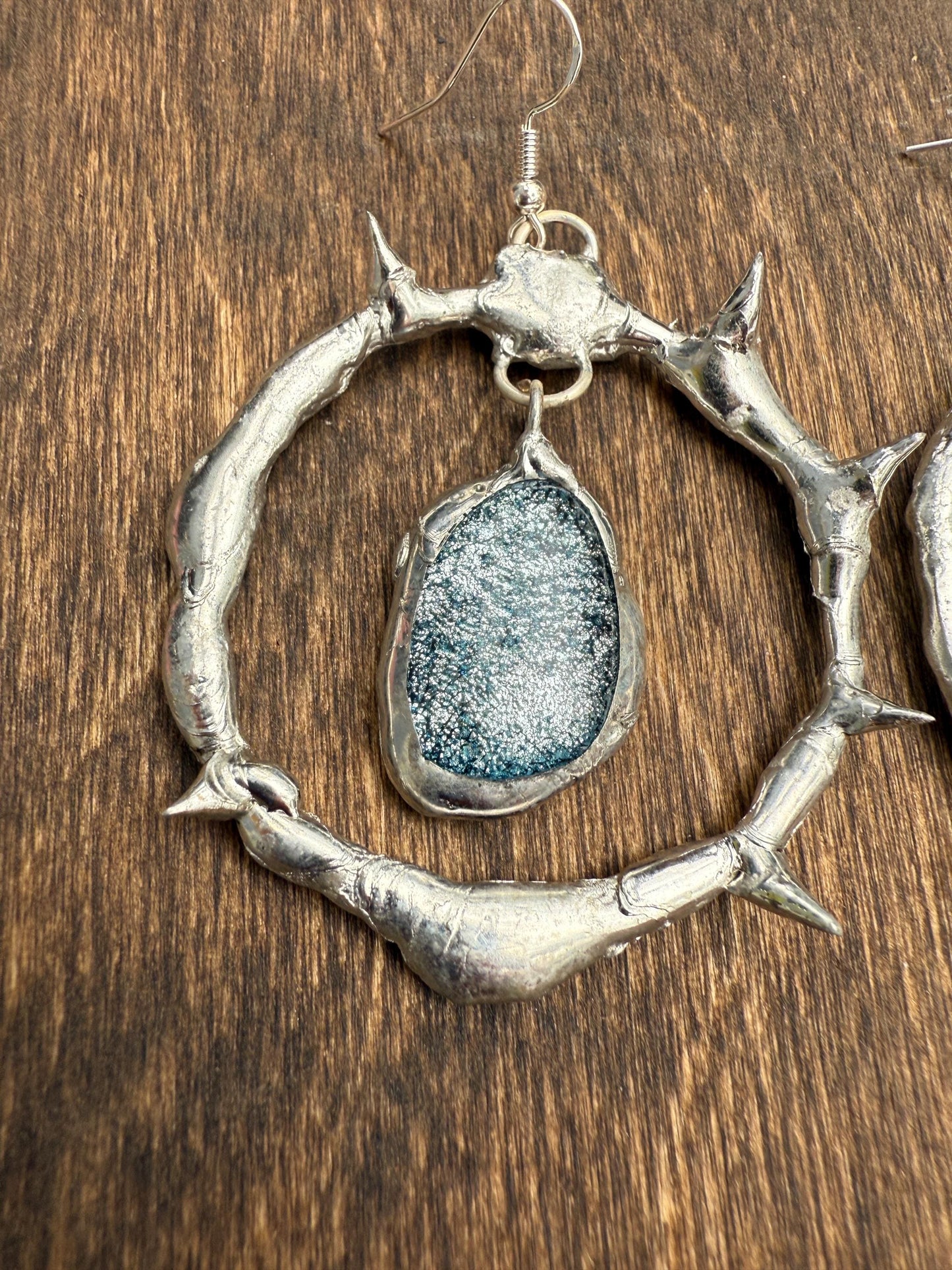 Spikey Silver Hoop Earrings w/ Gray Fused Glass | Goth Gemstone Soft Soldered Wearable Sculptures