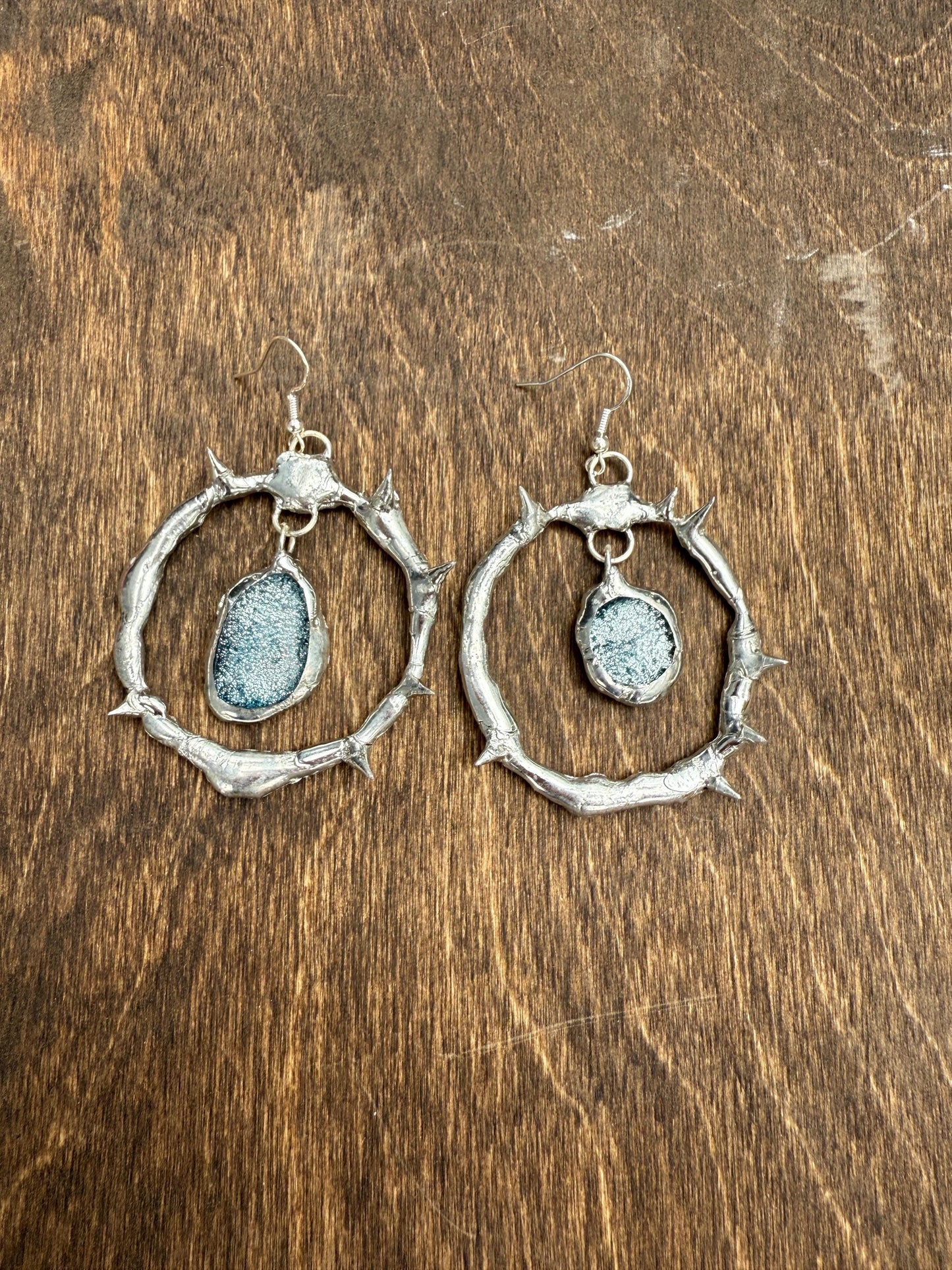 Spikey Silver Hoop Earrings w/ Gray Fused Glass | Goth Gemstone Soft Soldered Wearable Sculptures