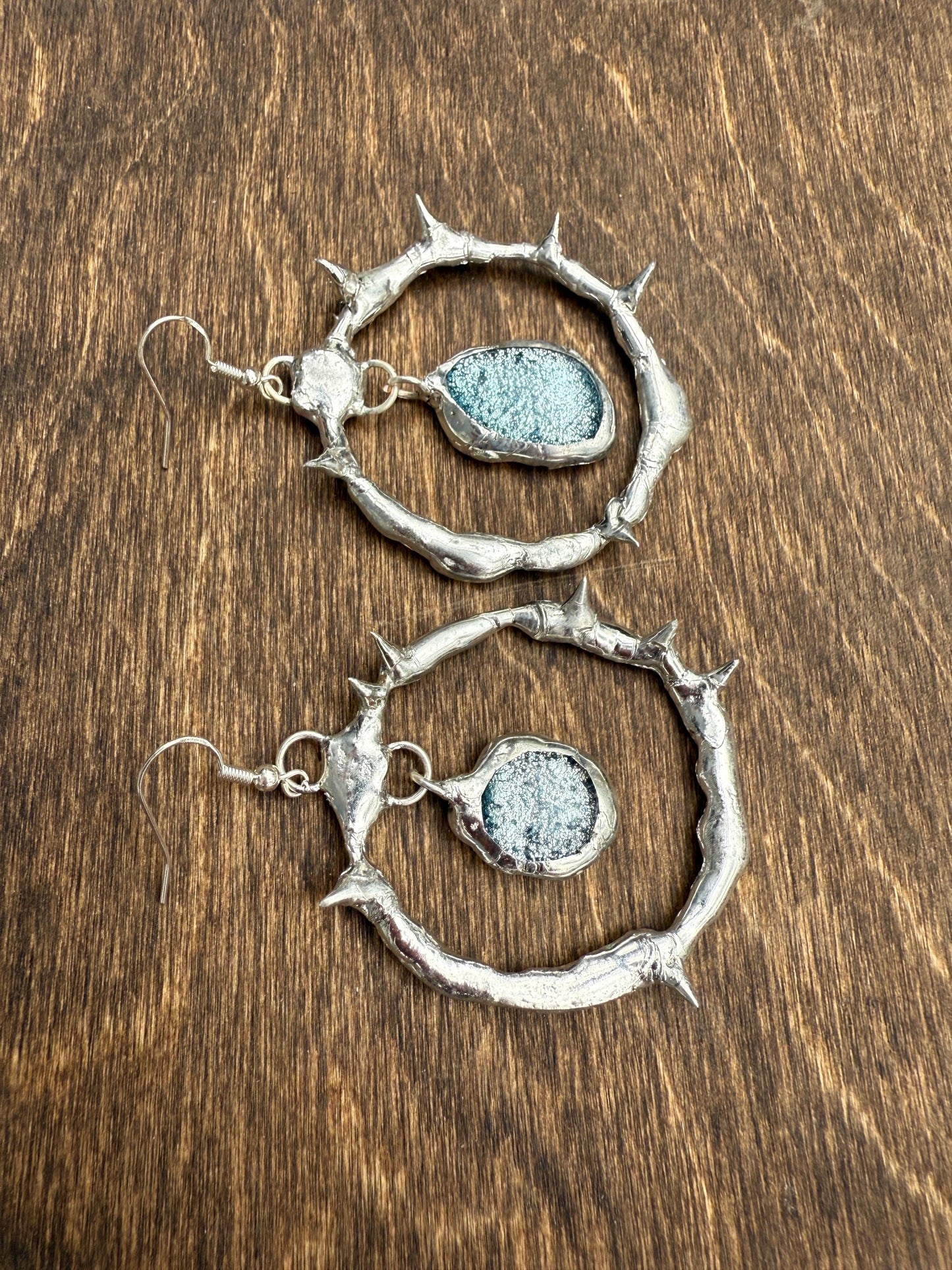 Spikey Silver Hoop Earrings w/ Gray Fused Glass | Goth Gemstone Soft Soldered Wearable Sculptures