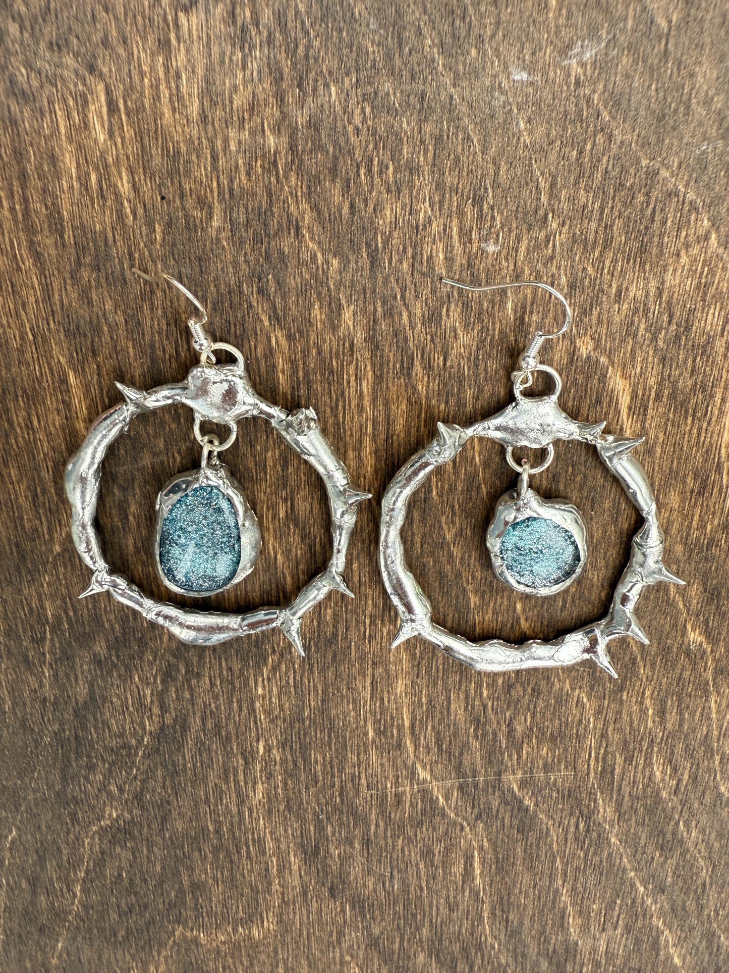 Spikey Silver Hoop Earrings w/ Gray Fused Glass | Goth Gemstone Soft Soldered Wearable Sculptures