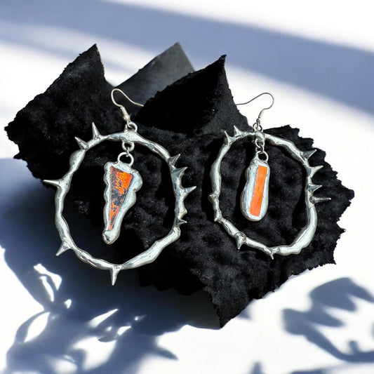 Spikey Silver Hoop Earrings w/ Orange Stained Glass | Cyber Iridescent Soft Soldered Wearable Sculptures