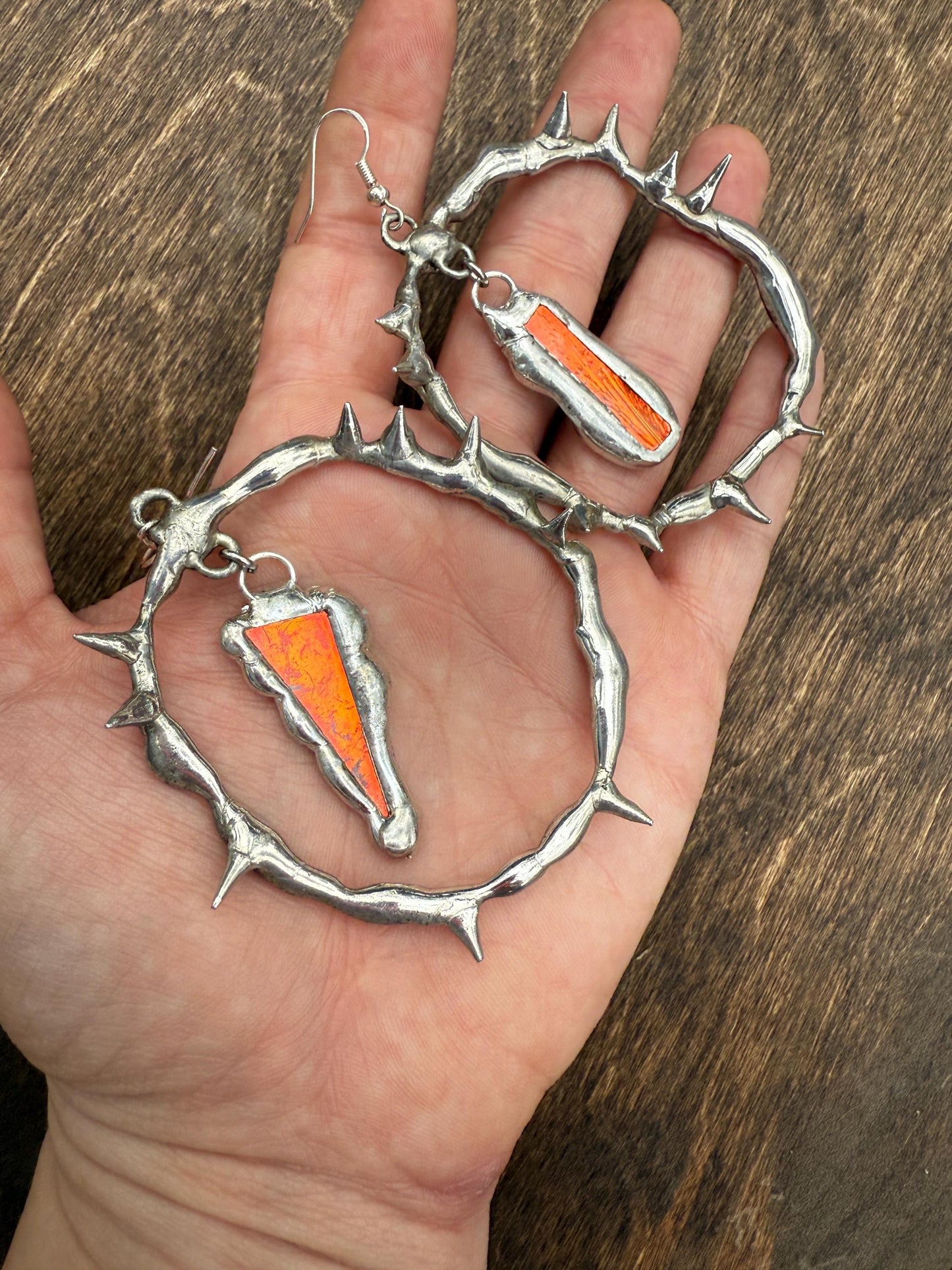 Spikey Silver Hoop Earrings w/ Orange Stained Glass | Cyber Iridescent Soft Soldered Wearable Sculptures