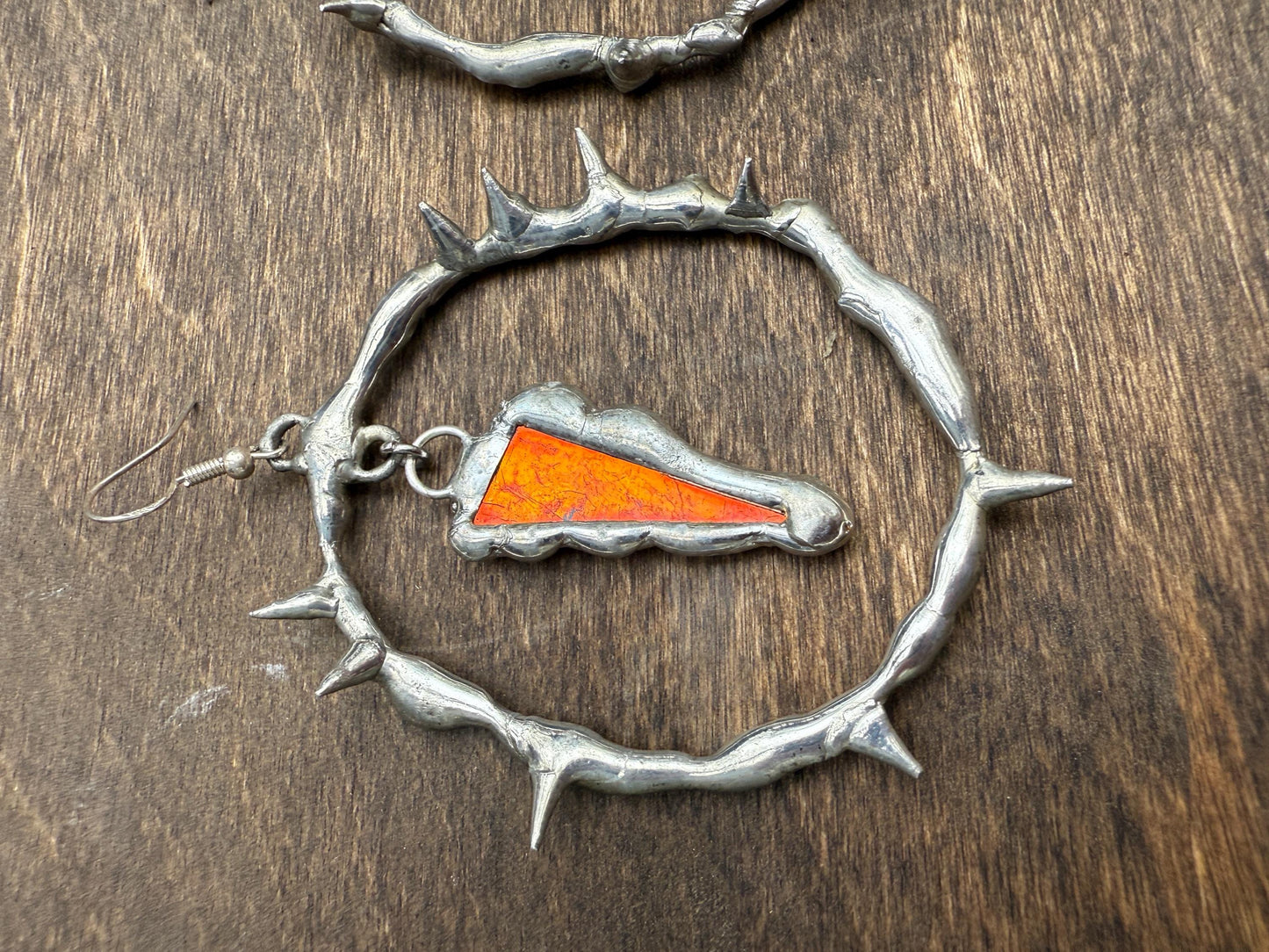 Spikey Silver Hoop Earrings w/ Orange Stained Glass | Cyber Iridescent Soft Soldered Wearable Sculptures