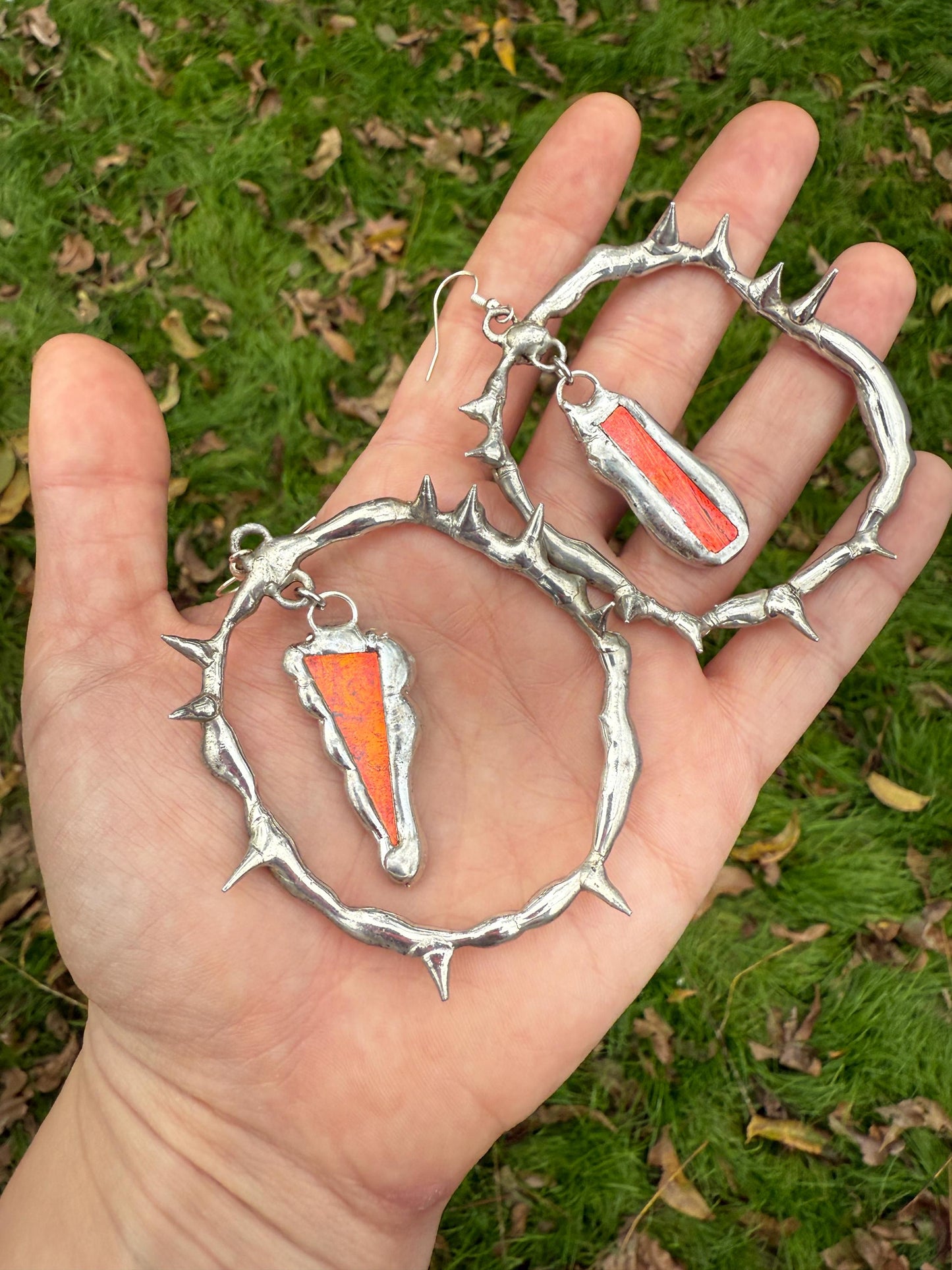 Spikey Silver Hoop Earrings w/ Orange Stained Glass | Cyber Iridescent Soft Soldered Wearable Sculptures
