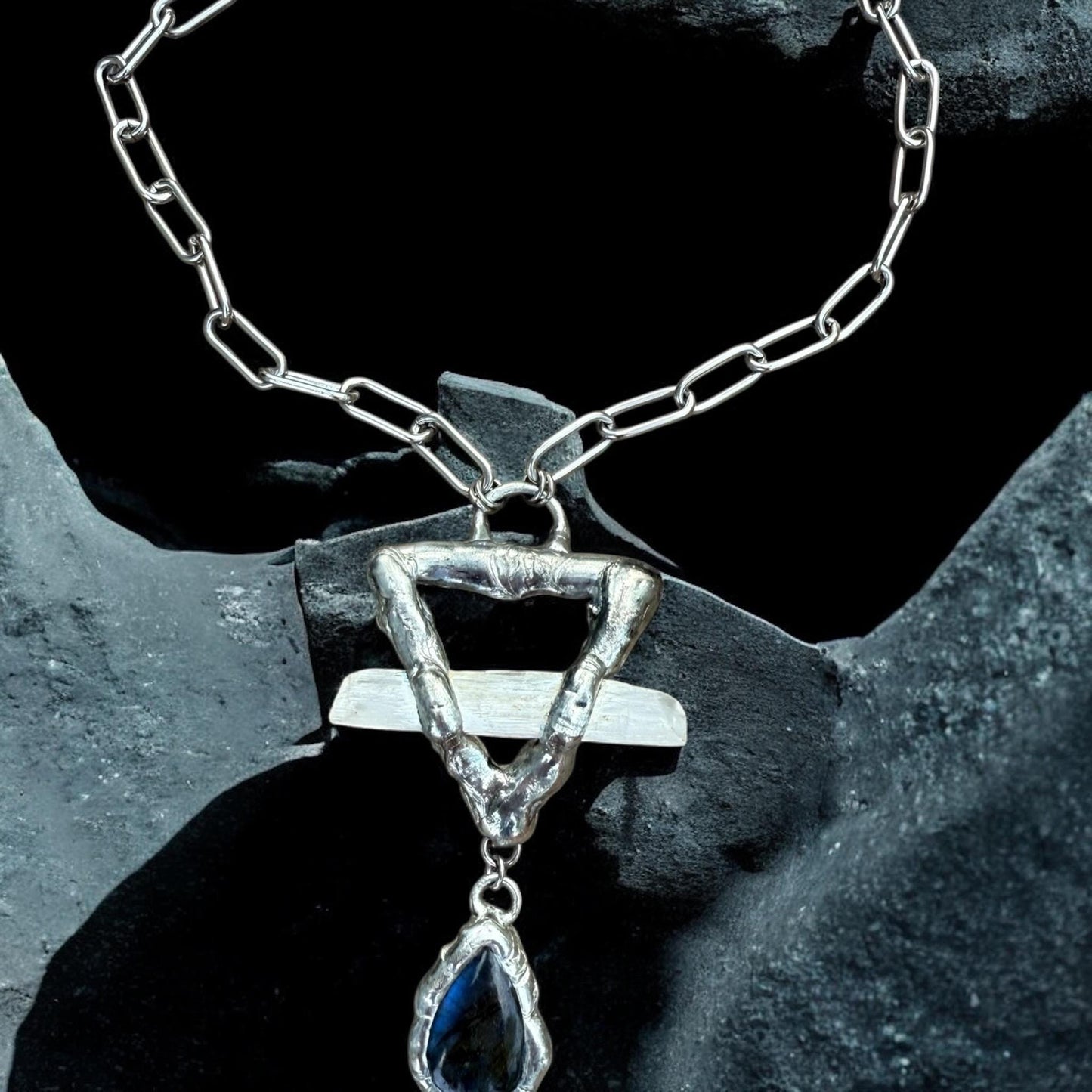Labradorite + Celestite Triangle Statement Necklace | Soft Soldered Gemstone Alchemy for the Whimsigoth Babe