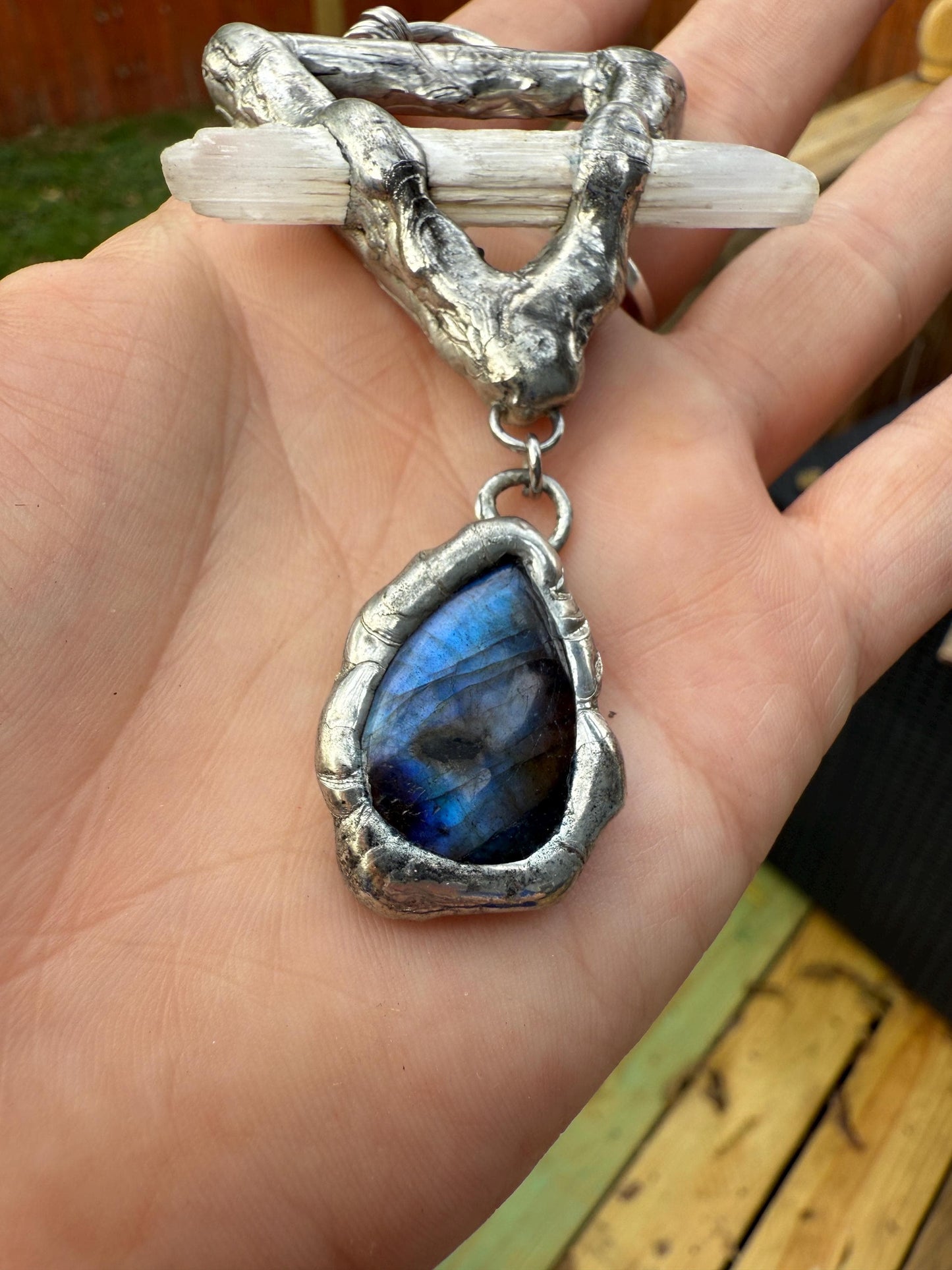 Labradorite + Celestite Triangle Statement Necklace | Soft Soldered Gemstone Alchemy for the Whimsigoth Babe