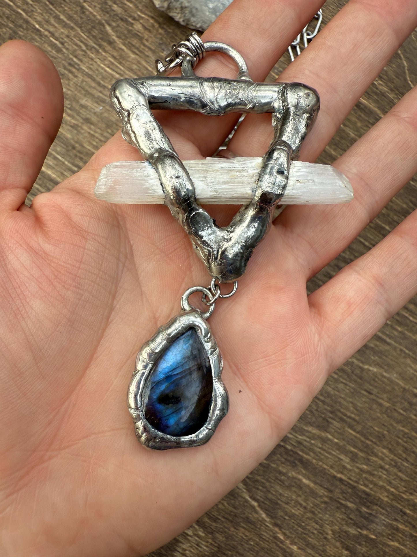 Labradorite + Celestite Triangle Statement Necklace | Soft Soldered Gemstone Alchemy for the Whimsigoth Babe