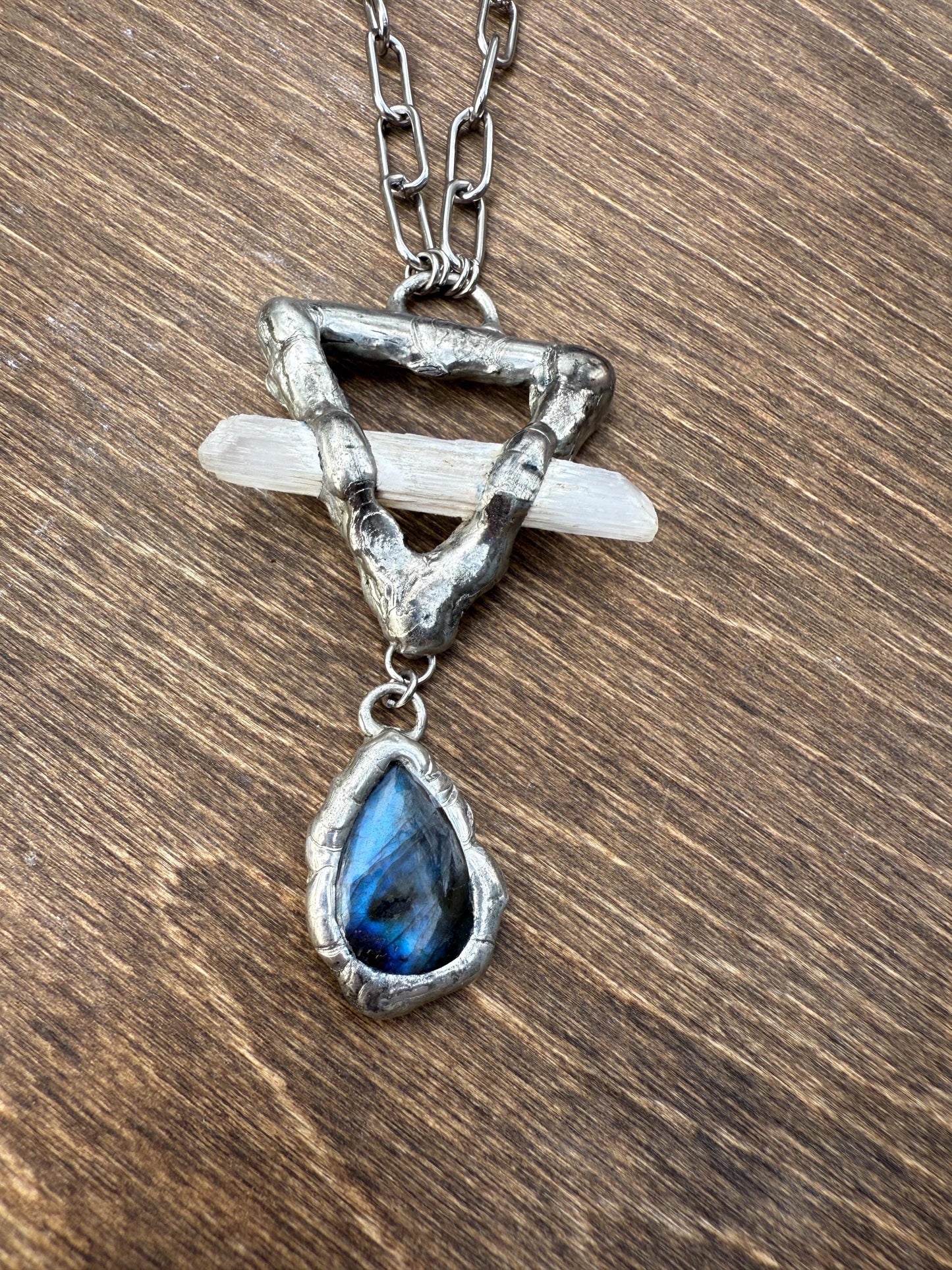 Labradorite + Celestite Triangle Statement Necklace | Soft Soldered Gemstone Alchemy for the Whimsigoth Babe