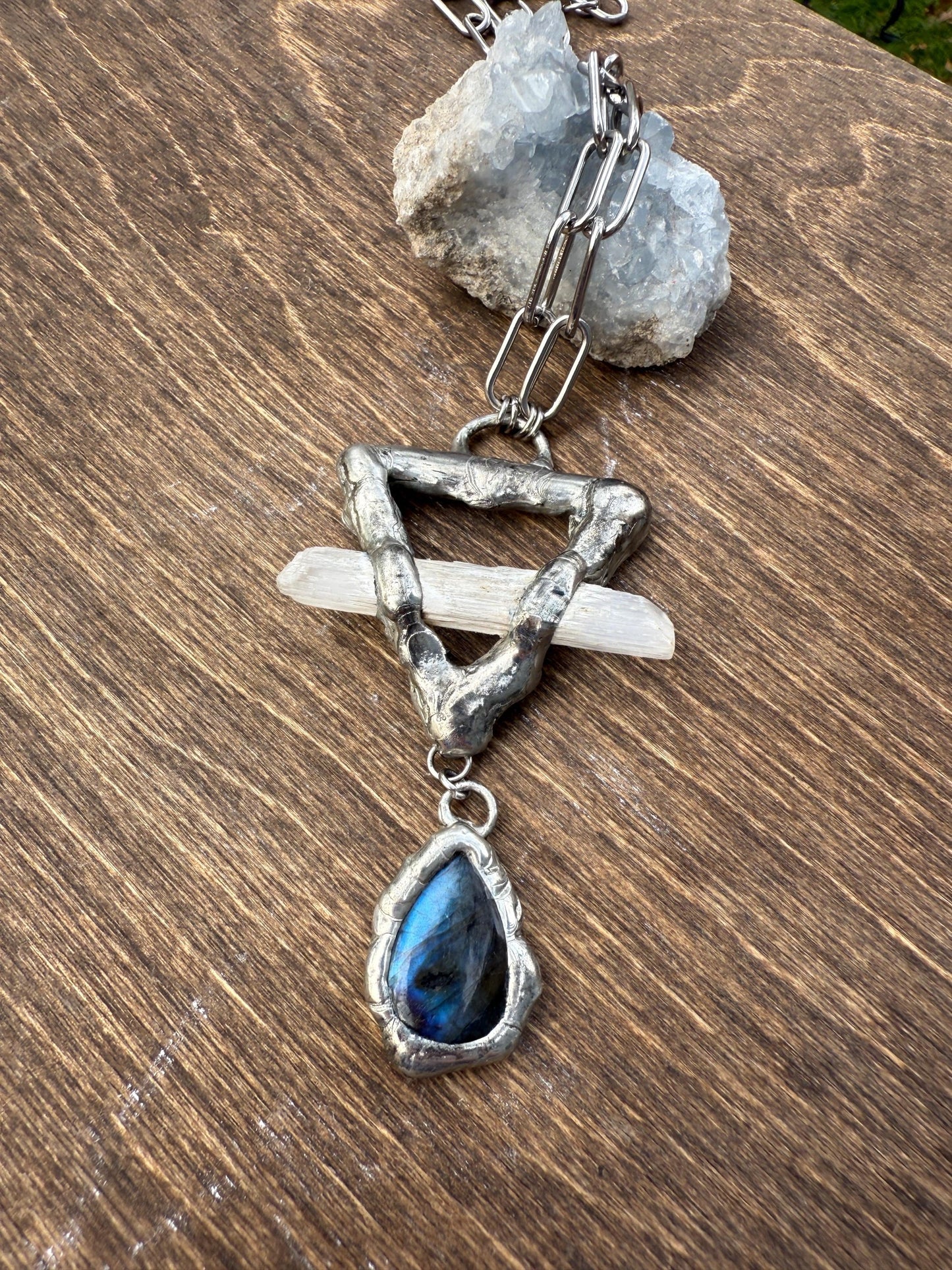 Labradorite + Celestite Triangle Statement Necklace | Soft Soldered Gemstone Alchemy for the Whimsigoth Babe