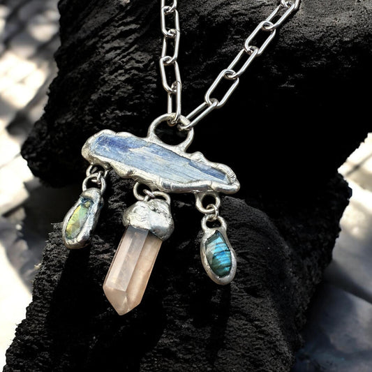 Kyanite, Labradorite + Tangerine Quartz Statement Necklace | Soft Soldered Gemstone Alchemy for the Whimsigoth Babe