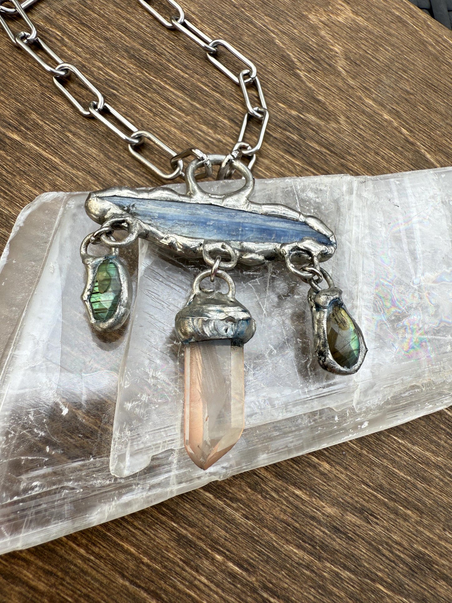 Kyanite, Labradorite + Tangerine Quartz Statement Necklace | Soft Soldered Gemstone Alchemy for the Whimsigoth Babe
