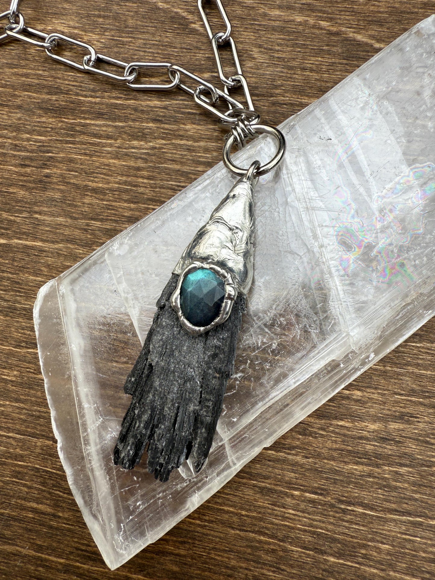Labradorite + Black Kyanite Statement Necklace | Soft Soldered Gemstone Alchemy for the Whimsigoth Babe