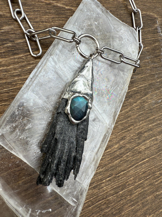Labradorite + Black Kyanite Statement Necklace | Soft Soldered Gemstone Alchemy for the Whimsigoth Babe