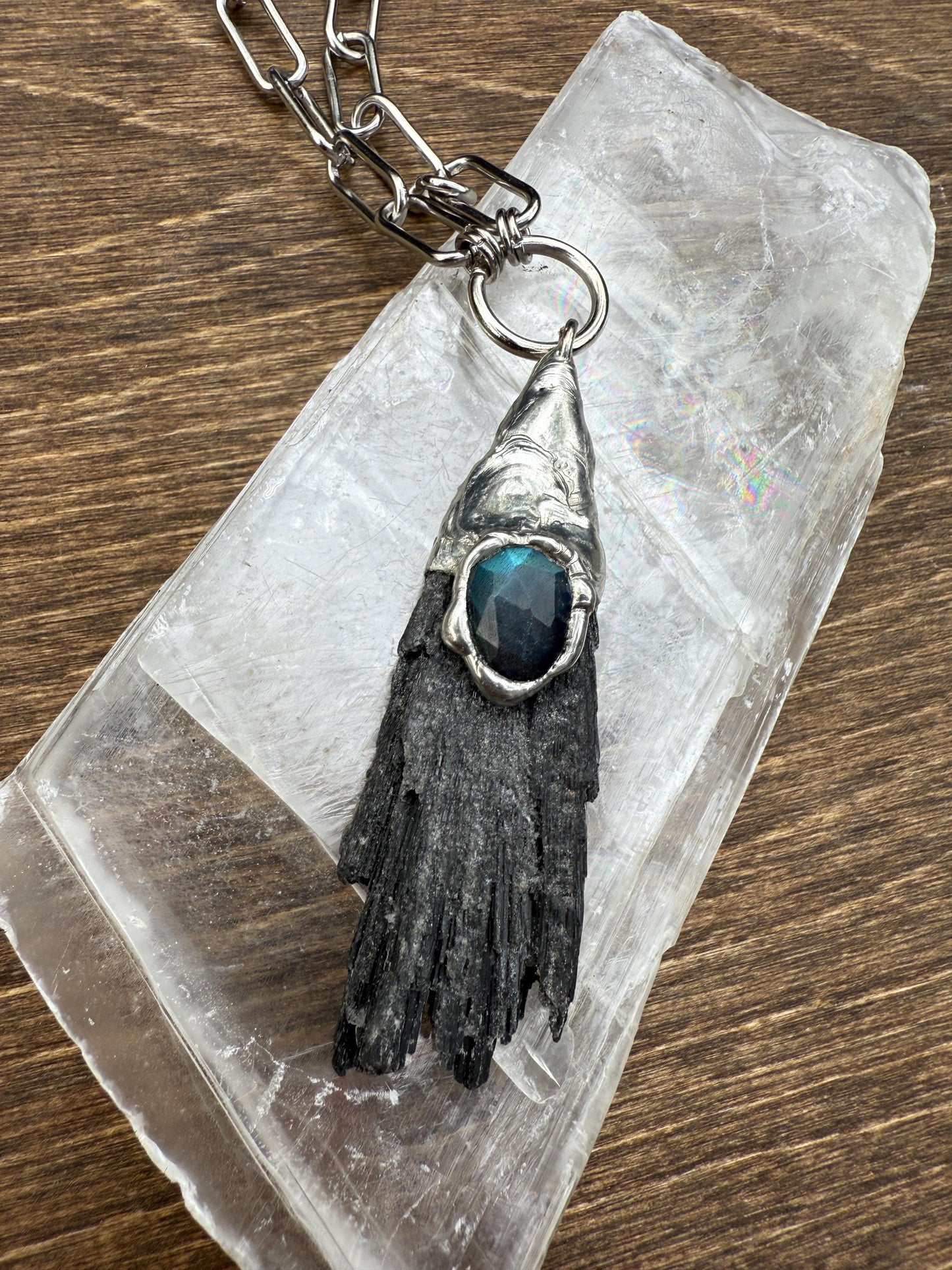 Labradorite + Black Kyanite Statement Necklace | Soft Soldered Gemstone Alchemy for the Whimsigoth Babe