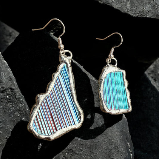 Baby Blue Iridescent Stained Glass Earrings | Handmade, Mismatched, Abstract, Wearable Sculptures