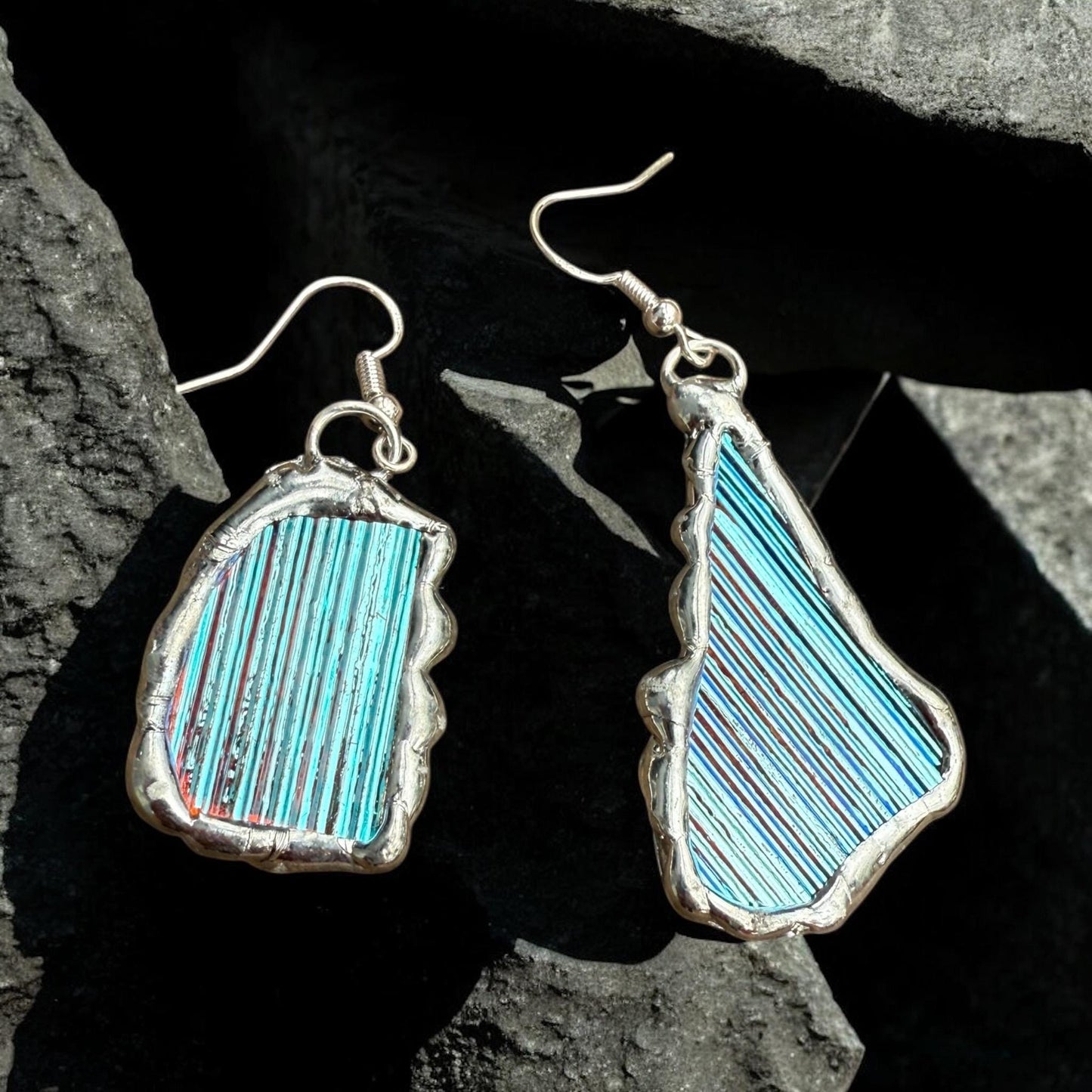 Baby Blue Iridescent Stained Glass Earrings | Handmade, Mismatched, Abstract, Wearable Sculptures
