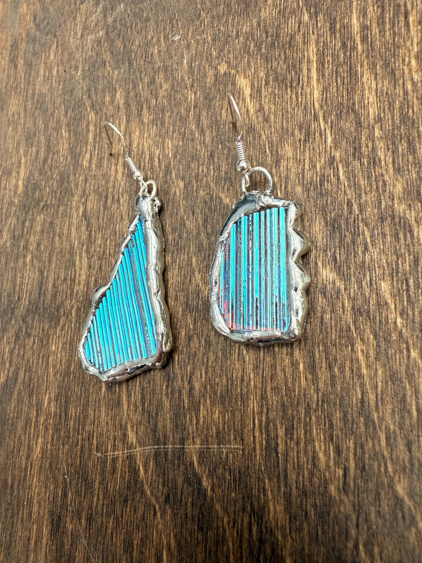 Baby Blue Iridescent Stained Glass Earrings | Handmade, Mismatched, Abstract, Wearable Sculptures