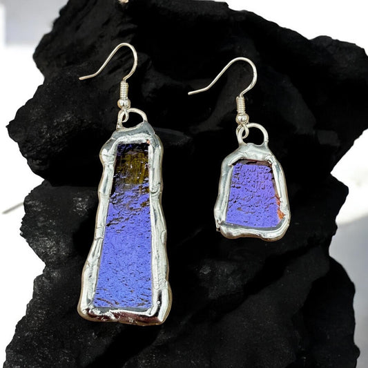 Purple Iridescent Stained Glass Earrings | Handmade, Mismatched, Abstract, Wearable Sculptures