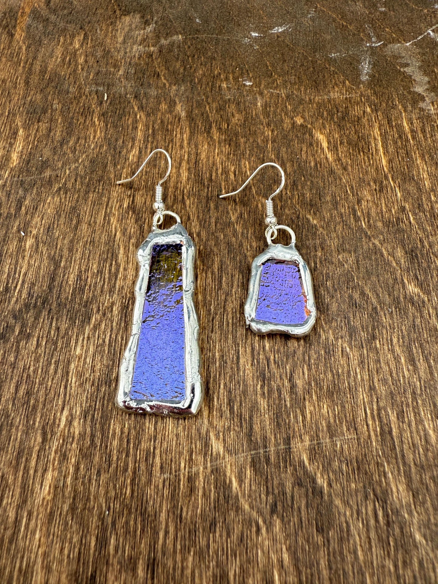Purple Iridescent Stained Glass Earrings | Handmade, Mismatched, Abstract, Wearable Sculptures
