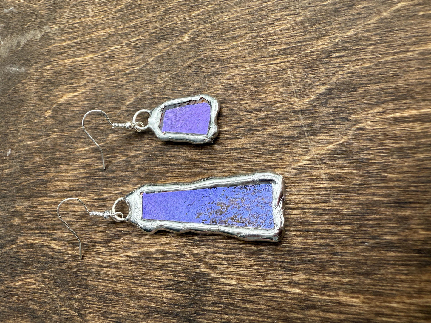 Purple Iridescent Stained Glass Earrings | Handmade, Mismatched, Abstract, Wearable Sculptures