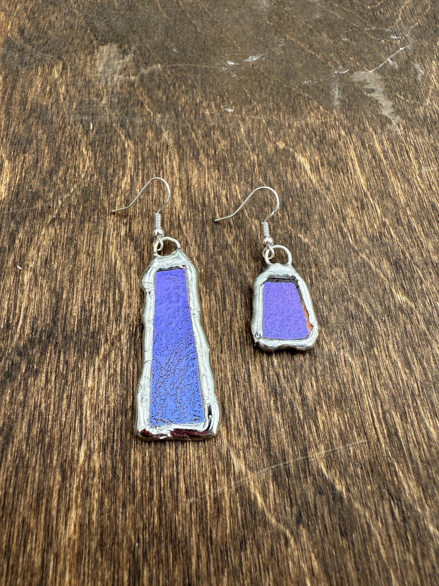 Purple Iridescent Stained Glass Earrings | Handmade, Mismatched, Abstract, Wearable Sculptures