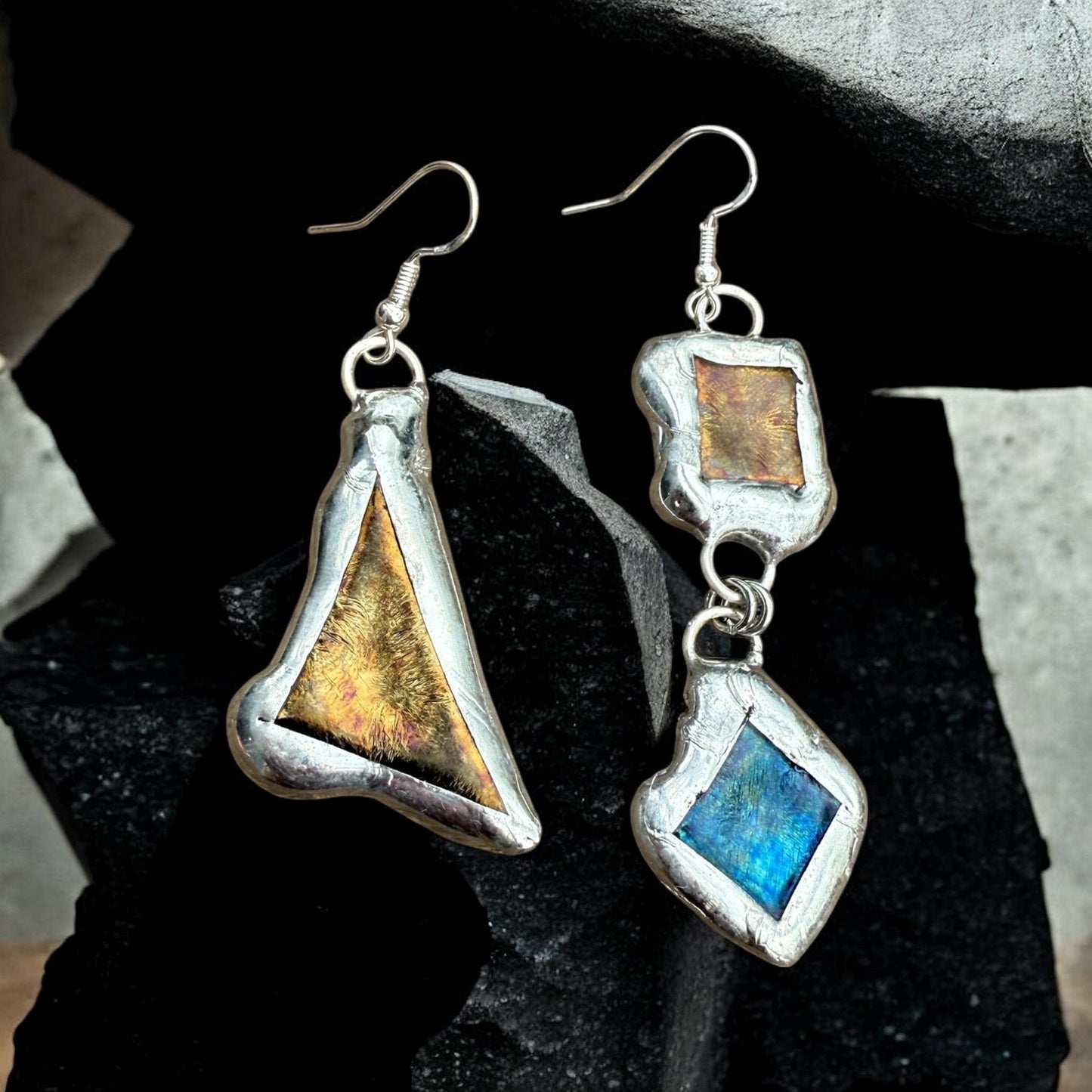Gold + Blue Iridescent Fused Glass Earrings | Mismatched, Abstract, Wearable Sculptures